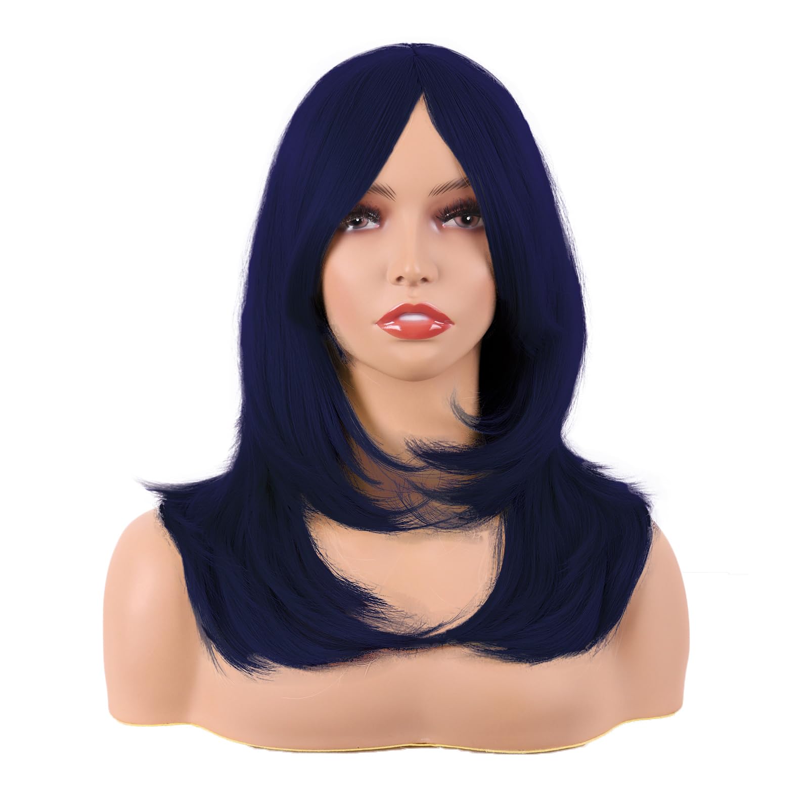 MapofBeauty 20 Inch/50 cm Long Layered With Bangs Straight Synthetic fiber Shoulder Length Hair for Daily Use or Party Wig (Midnight Blue) — image 1