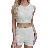 Akysoc Women 2 Pieces Crop top Shorts Set Crochet Outfits Stretchy