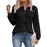 Saodimallsu Womens Henley Sweater Tops Fall Button Crew Neck Long Sleeve Trendy Loose Ribbed Knit Pullover Sweaters