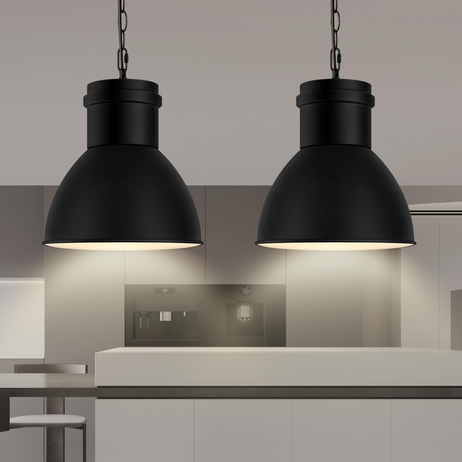 Photo 1 of 2 Pack Black Pendant Lights Kitchen Island, 10.6" Large Metal Shade and 70.9'' Adjustable Height, Farmhouse Hanging Pendant Light, Modern Pendant Lighting Fixtures for Kitchen Island/Bar, No E26 Bulb