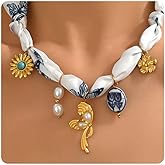Silk Scarf Necklace for Women Adjustable Bandana Choker with Pearl 18K Gold Charms,Boho Beach Ceramic Jewelry Leaf Butterfly Starfish Coin Pendant Summer Holiday Jewelry