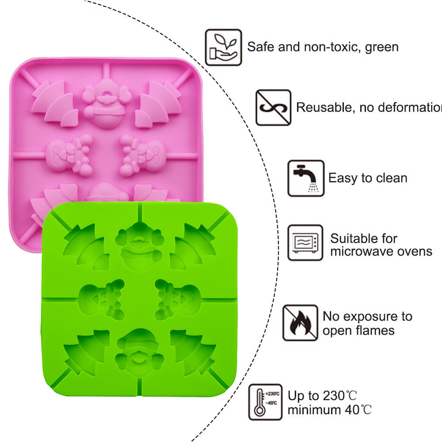 2Pcs Christmas Candy Molds Silicone Lollipop Molds Chocolate Lollypop Sucker Mold elk Santa Claus Christmas tree Reusable Food Grade Silicone Molds for Halloween Christmas Parties（Pink Green）