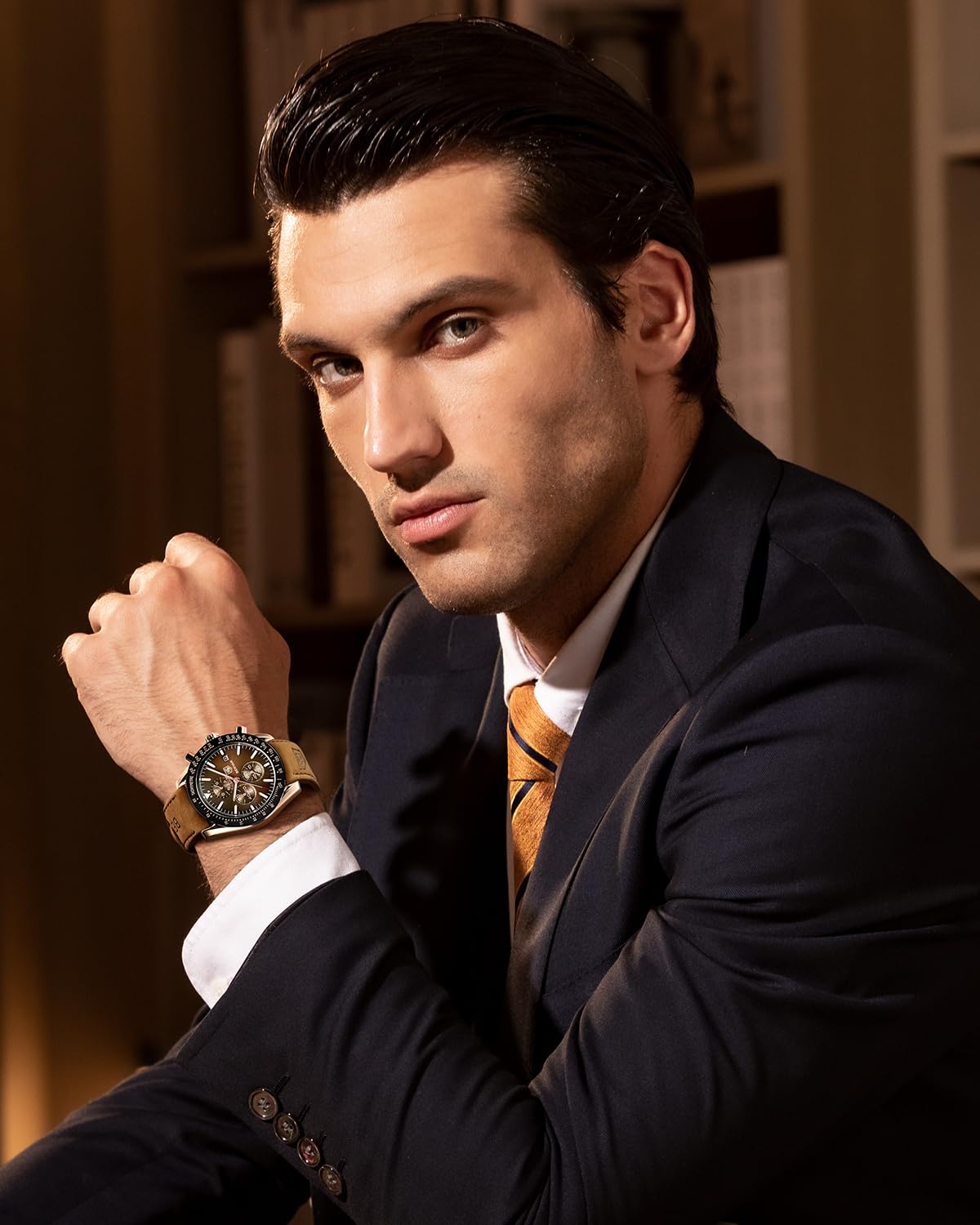 BY BENYAR Men's Chronograph Watch, Analog, Waterproof Up To 98.4 ft (30 m), Business, Simple, Fashionable, Popular, Formal, Leather Strap, Quartz, Gift for Men, Waterproof