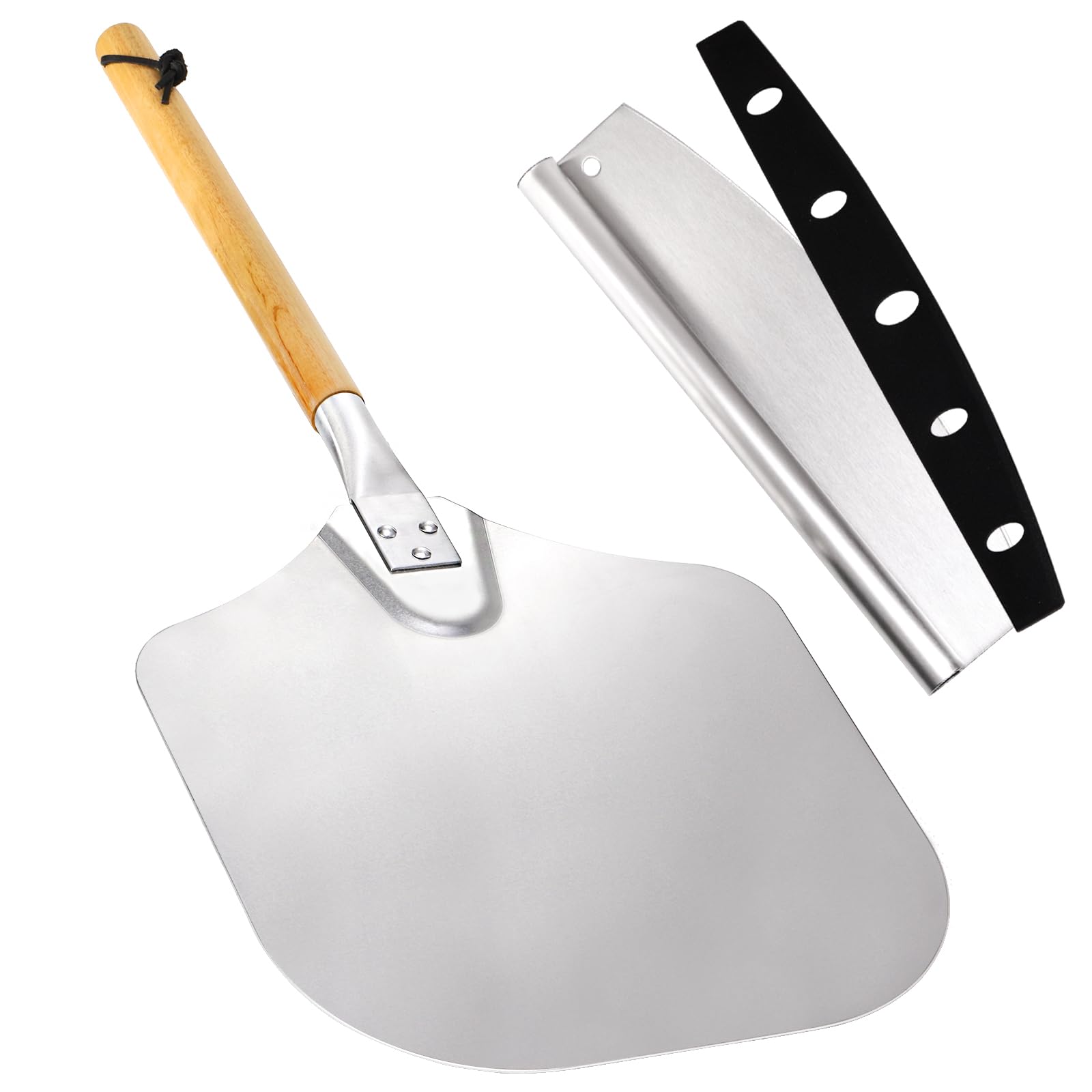 Peohud Aluminum Pizza Peel Paddle and Cutter,12" x 26" Pizza Spatula with Detachable Wooden Handle, Pizza Oven Accessories, Pizza Paddle and Pizza Cutter Rocker for Baking Pizza Bread