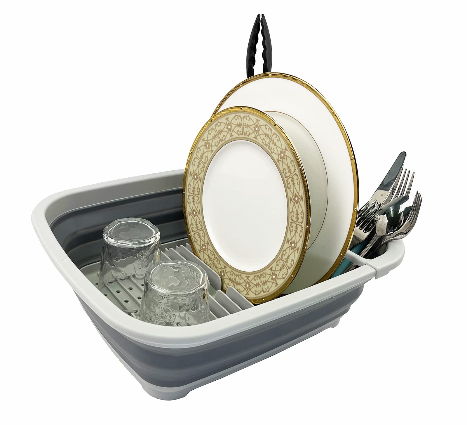 SAMMART 8L Collapsible Plastic Dish Drainer - Foldable Drying Rack - Portable Dinnerware Organizer - Space Saving Kitchen Storage Tray (Gray)