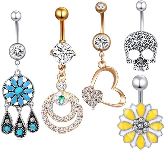 Amazon Com Crazypiercing Dangle Belly Button Rings Flower Heart Skull Pendant Belly Rings Women Navel Rings Curved Barbell Body Piercing 14g 5 Pcs Set 5pcs Gold Heart Set Jewelry