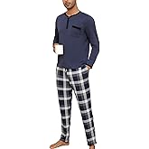 Yukiuiny Men’s Pyjama Loungewear Sets Comfy Lounge Nightwear Long Sleeve Cotton Pocket Tops Plaid Pants