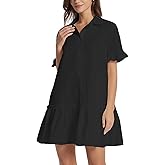 YEXPINE Women's Cotton Linen Ruffle Mini Dress Short Sleeve Button Down Drop Waist Tunic Shirt Dress