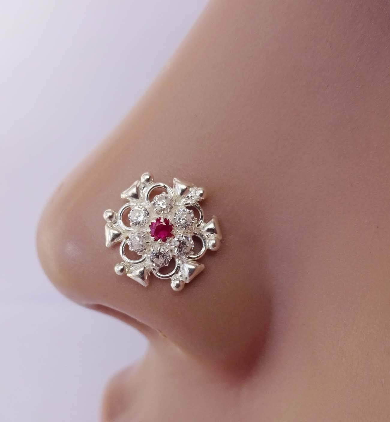 Indian Nose Stud,Gift For Her,Ruby Nose Stud,Diamond Nose Hoop,Crystal Nose Stud,Silver Diamond Nose Stud,Monroe Nose Stud,Wedding Nose Piercing,CZ Clear Nose Stud,Crock Screw Nose Stud(TEJ827)