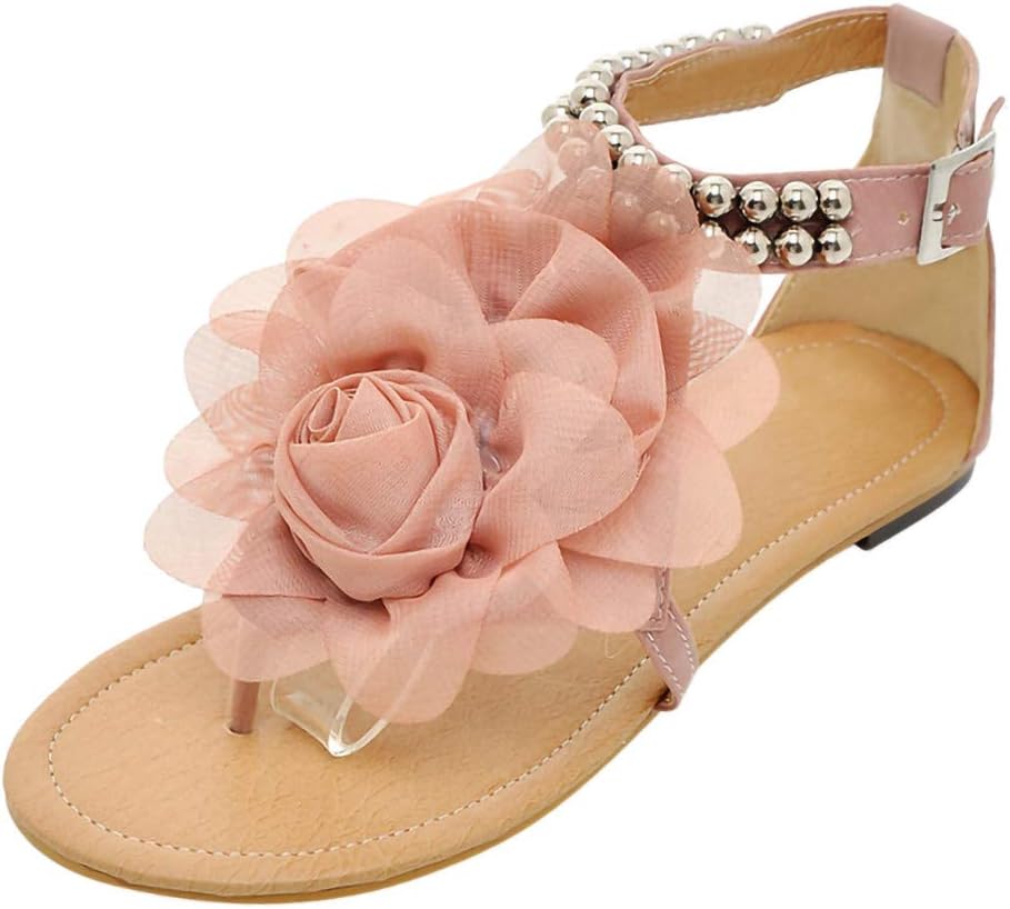 Sharemen Summer Women's Sandals Bohemian Flowers Flat Shoes Belt Buckle Clip Toe Sandals