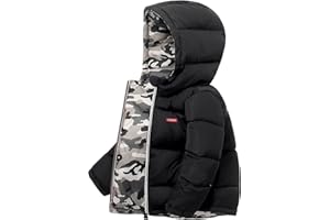 LUOUSE Boys' Reversible Winter Hoodie Coat Jacket with Zippered and Pockets, One Side Black and Camo on the Other, Ages 5-10