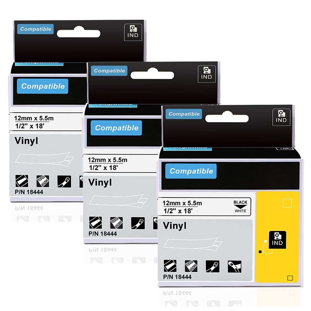 Aonomi 18444 Rhino Industrial Vinyl Labels | 12 mm x 5.5 m | Black Print on White | Self-Adhesive | for Rhino 5200 4200 Industrial Label Maker | 3-Pack