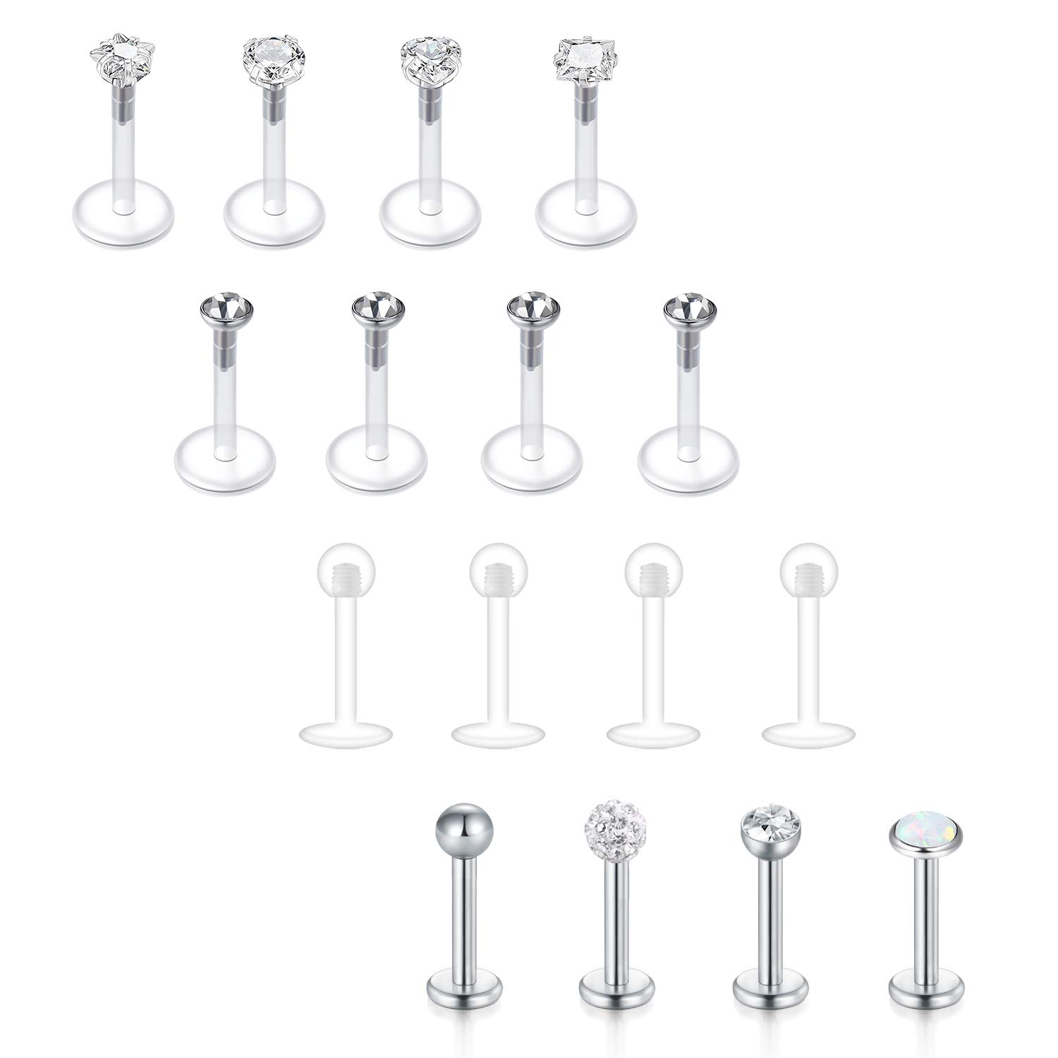 Briana Williams 16pcs Lip Labret Bars Stud Bioflex Flexible Stainless Steel 16G Retainer Tragus Cartilage 6/8/10mm Piercing