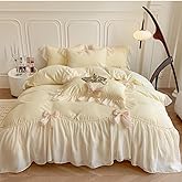 SOUKECHY Chic Lace Bedding,Girls Twin Aesthetic Comforter Cover Set,Romantic French Princess Style Ruffled Duvet Cover with Lovely Bow with Zipper Closure-Yellow,Twin Size
