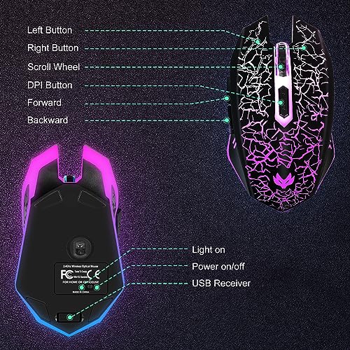 Wireless Gaming Mouse, Rechargeable Wireless Computer Mouse, 7-Color LED Light, Ergonomic Mouse with 6 Silent Click Buttons, 3 Adjustable 2400 DPI Wireless Mouse for Laptop,PC,Mac, Black