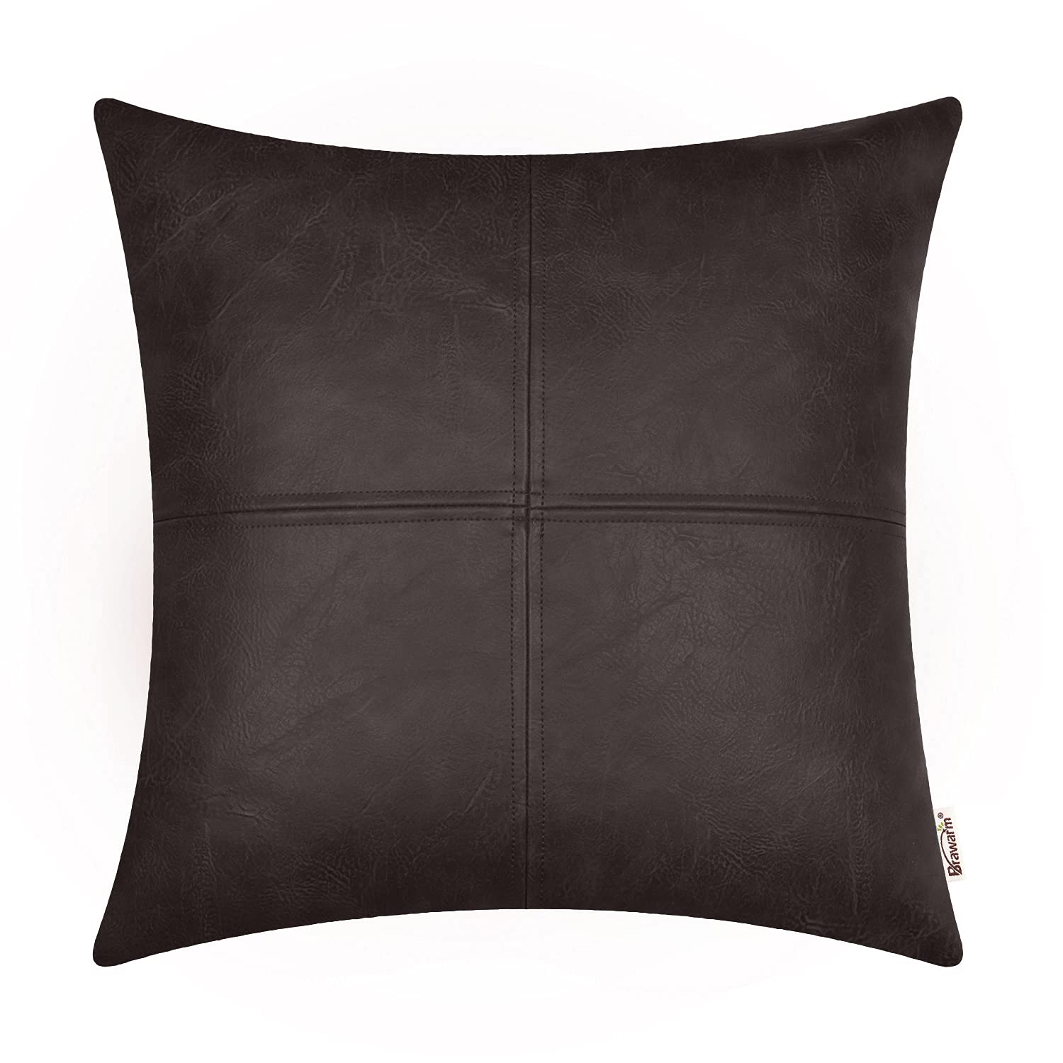 BRAWARM Decorative Throw Pillow Covers, Faux Leather Throw Pillow Covers, Hand Stitched Faux Leather Couch Cases for Living Room Garden Bed, Coffee, 45cm x 45cm