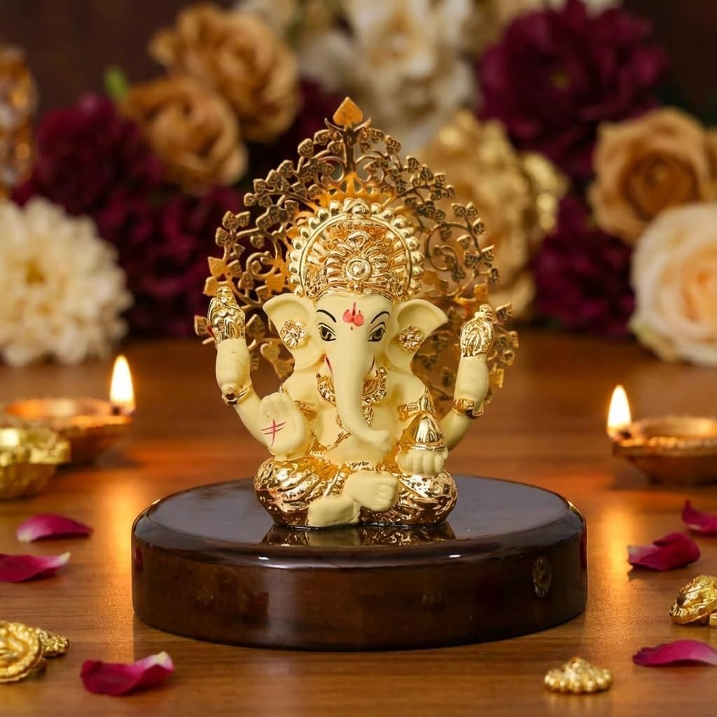 House Of Wemy 24k Gold Plated Ganesh Idol/Murti with Kalpavriksh Tree | Ganpati Statue for Car Dashboard, Office Table,Hindu Gifting and Home Aesthetic Decor- Resin (Yellow) ‎- 4 x 3.2 x 1 Inches