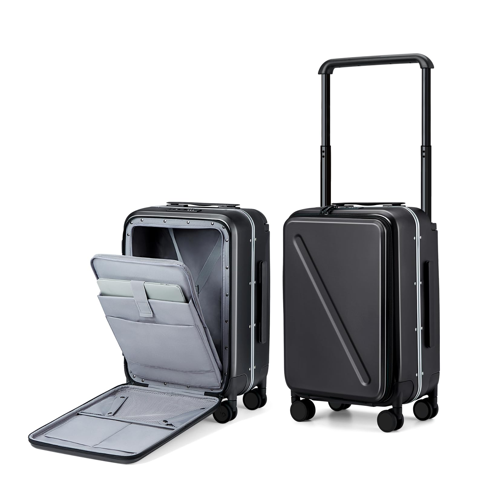 MILADA Luggage Hard Shell Suitcases Airline Approved Carry On Luggage 22x14x9 TSA Approved Luggage 20 Inch Front Opening Pocket Wide Handle Suitcase with Wheels Travel Luggage, Black