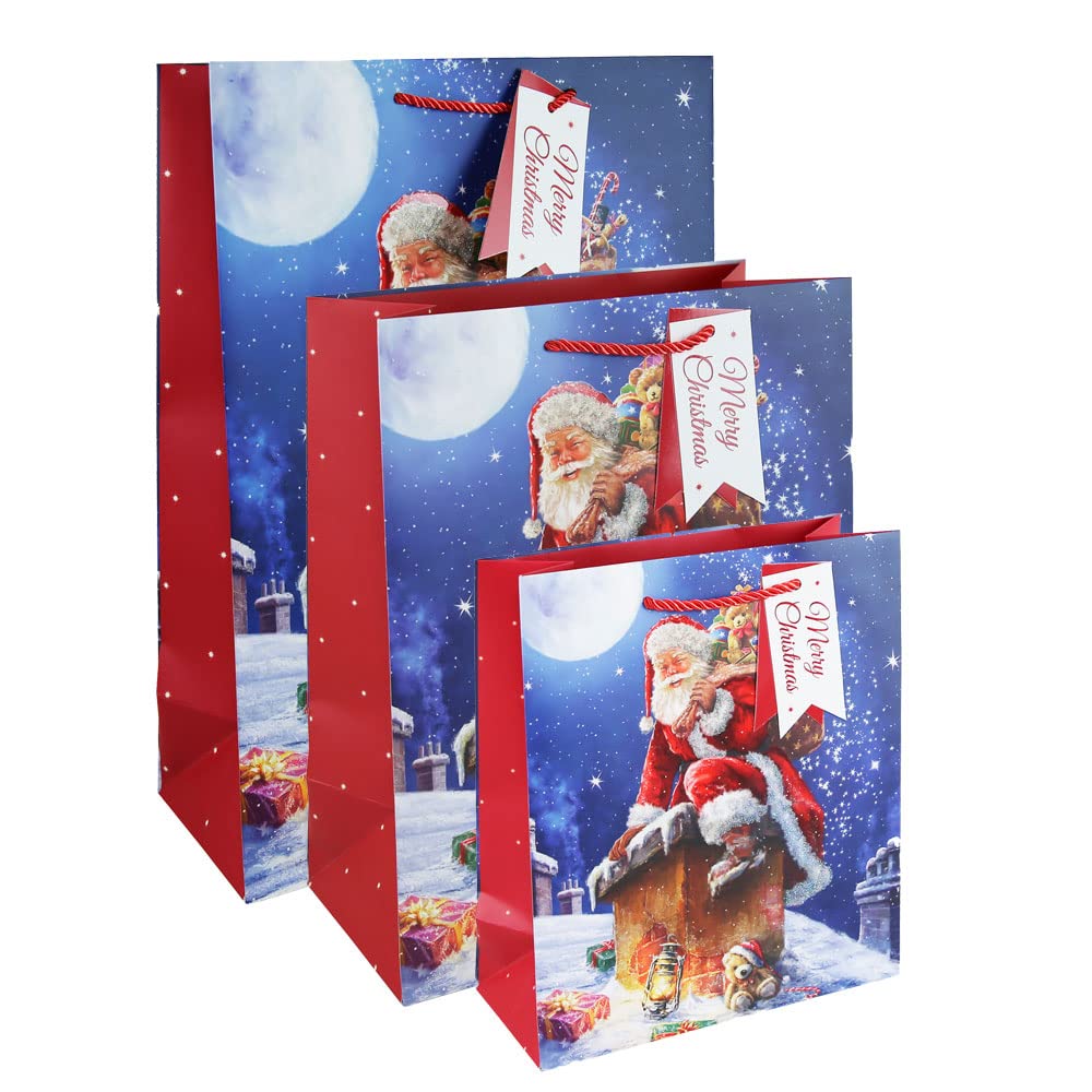 VR Angel 3 x Christmas Traditional Santa Gift Paper Bag With Rope Handles Reusable Non Woven Fashionable Bag Ideal For Any Gifts, Xmas Present, Shopping, Birthday, Wedding
