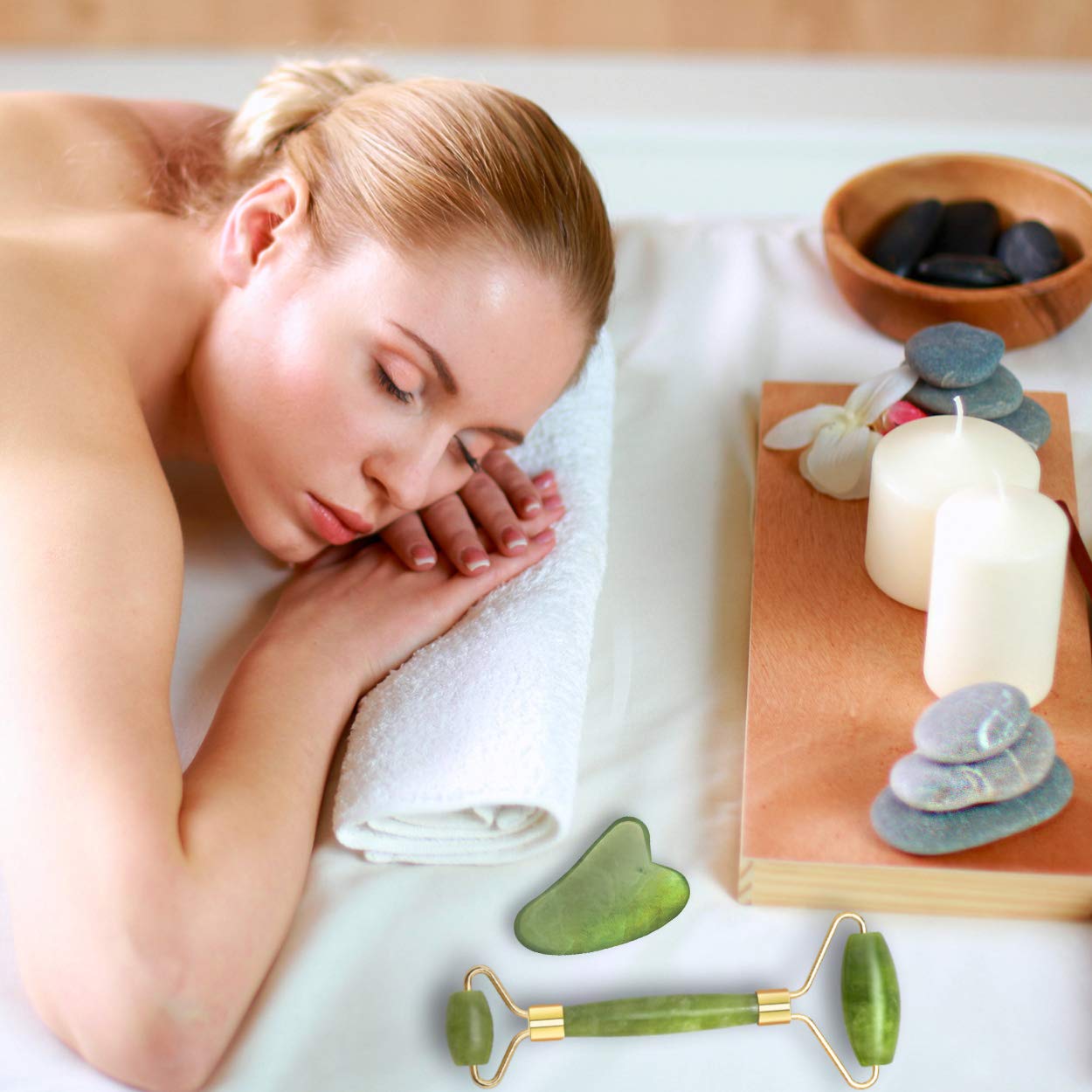 Jade Roller for Face & Gua Sha Scraping Tool, 100% Real Natural Jade Facial Roller, 2 in 1 Anti-Aging Face Roller Massager for Cheeks Slimmer, Skin Tightening, Face Firming, Rejuvenate Skin (Green)