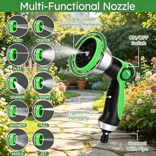 NIUCNIU Expandable Garden Hose Pipe 100FT/30M, 10-Pattern Spray Nozzle, Brass Fittings 1/2" & 3/4", Durable 3750D Fabric, 4-Layer Latex Core, Hose Pipe for Gardening, Car Cleaning, Black&Green