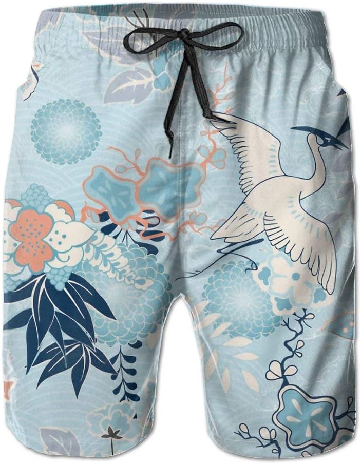 Floral Crane Kimono Pattern Men Beach Pants Swimming Trunks Quick Dry Board Short with Lining