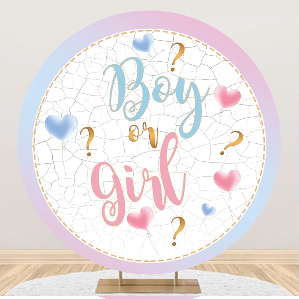 Aoihrraan 180cm Diameter Boy Or Girl Round Photography Backdrop Sweet Pink Baby Blue Love Heart White Nature Stones Pattern Background Gender Reveal Announce Pregnancy Surprise Party Photo Props