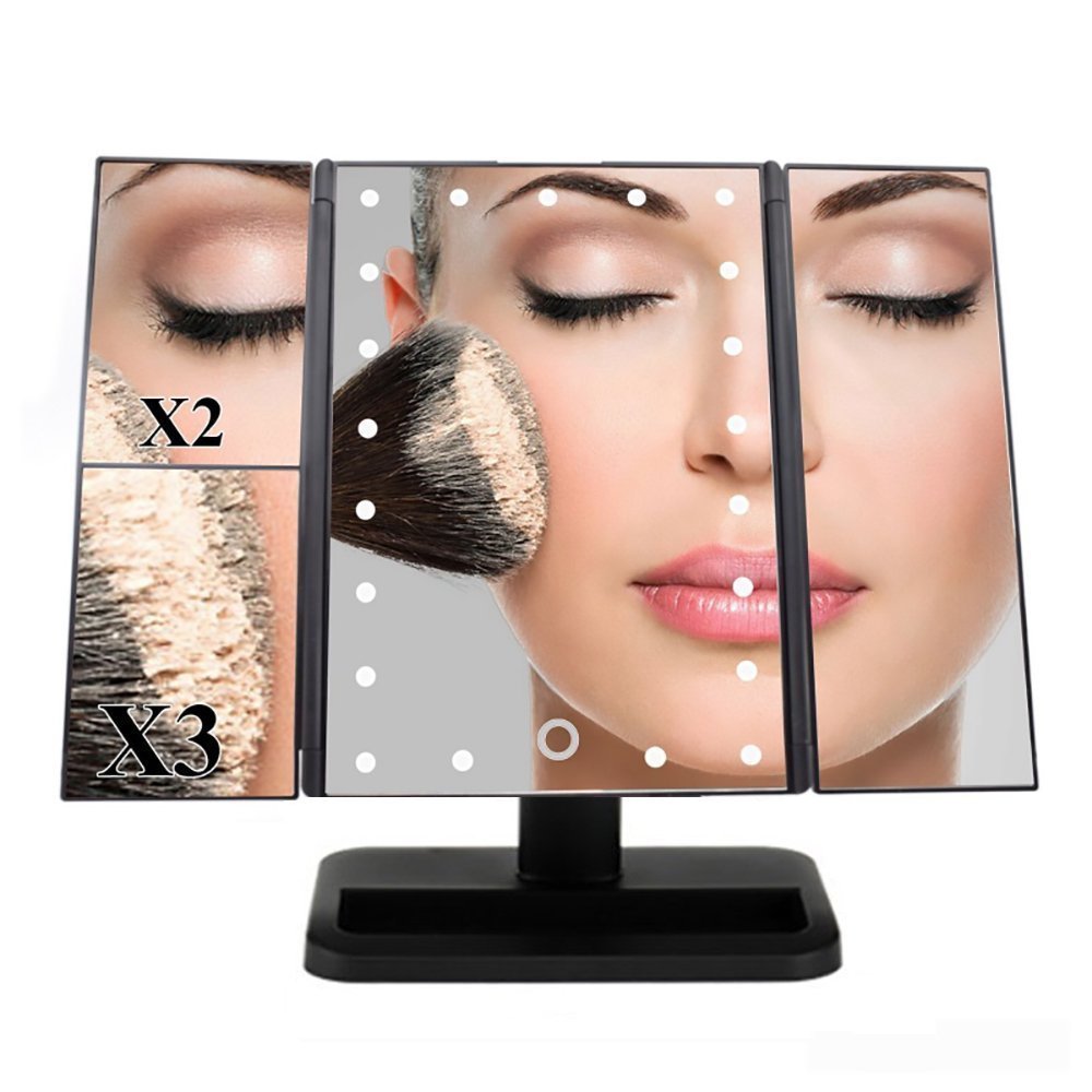 vinmax Tri-Fold Lighted Vanity Makeup Mirror,Portable Table LED Lamp Luminous Makeup Mirror Adjustable Tabletop Countertop Light Mirror(Black)