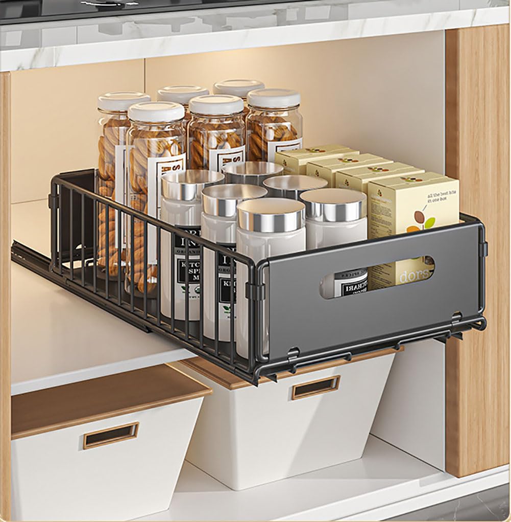 YunNasi Pull Out Cabinet Organizer Slide Out Drawer Storage Shelves Cupboard Organiser Sliding Cabinet Basket for Kitchen with Silent Slide No Drilling and Nailing (Black, 1Piece 38Dx25Wx10H CM)