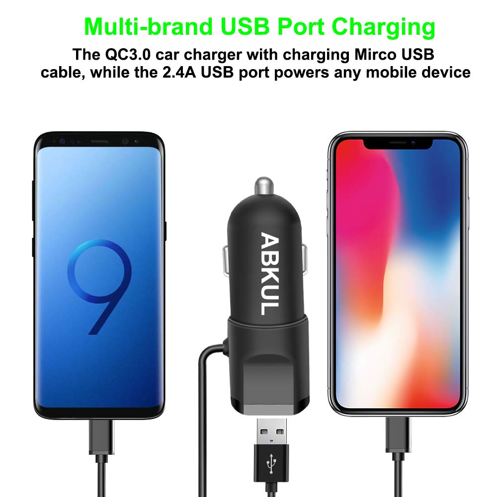 Car Charger, ABKUL 4.8A/24W Dual USB Fast Car Charger with Micro USB Cable, Compatible iPhone Xs Max XR XS X, Galaxy S9 S8, Note9 8, LG, HTC, Nexus 5X 6P, Pixel, iPad Pro/Air 2/Mini and More