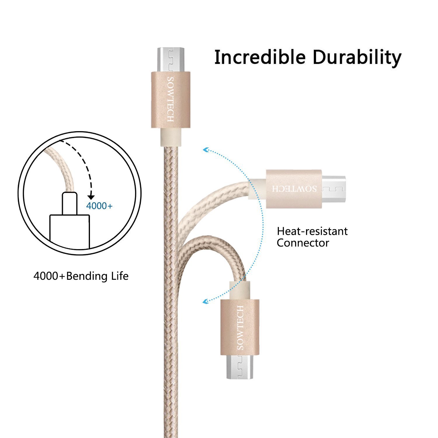 Micro USB Cable SOWTECH 5-Pack 1ft/2x3ft/2x6ft Durable Nylon Braided Interconnects USB 2.0 A Male to Micro B Sync and Charging Cords for Android Phones and Tablets - Gold