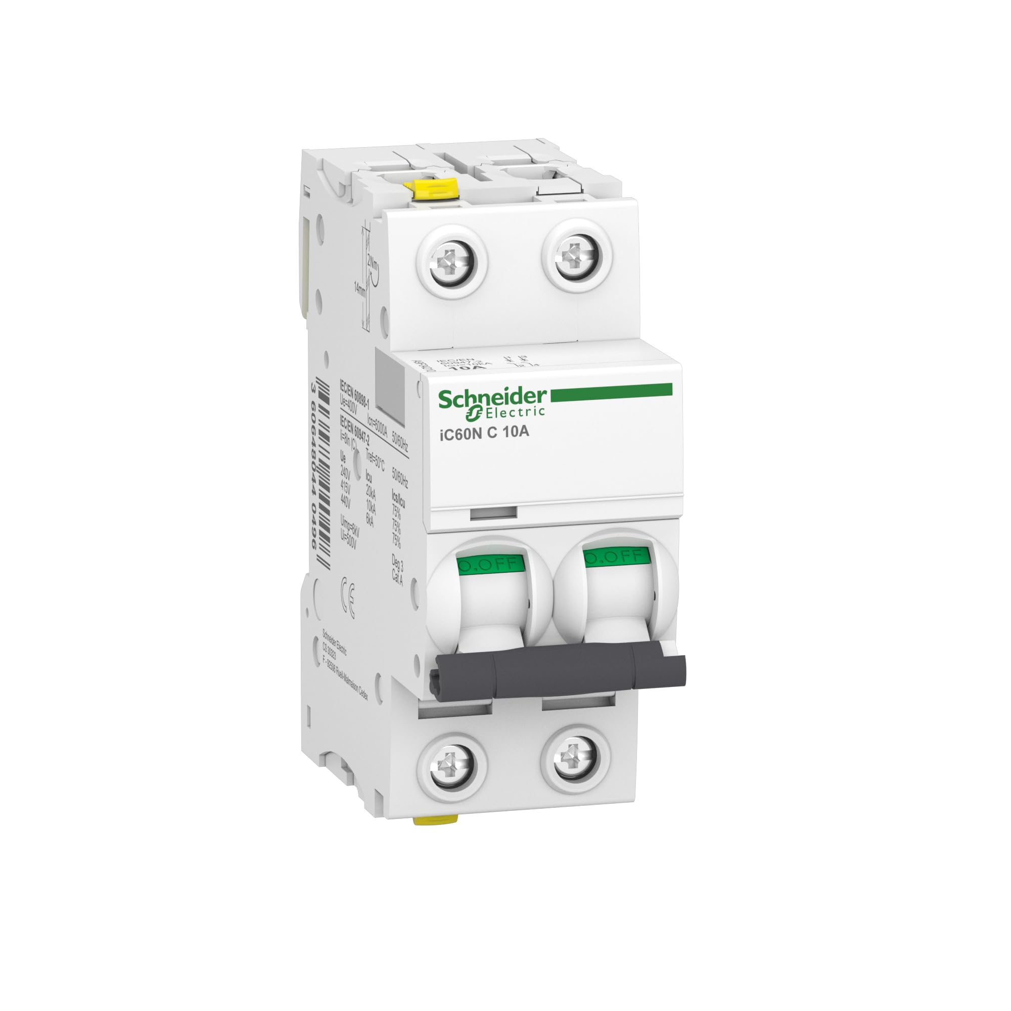 Schneider A9F04210 Circuit Breaker iC60N, 2P, 10A, C Characteristics