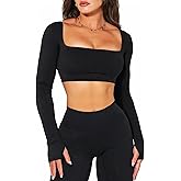 TZLDN Women's Squre Neck Workout Tops Padded Long Sleeve Crop Tops Gym Athletic Sports Yoga Compression Shirts Low Impact