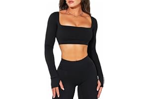 TZLDN Long Sleeve Workout Crop Tops Women T Shirts Square Neck Padded Yoga Shirts Athletic Gym Clothes Top Sport Femme