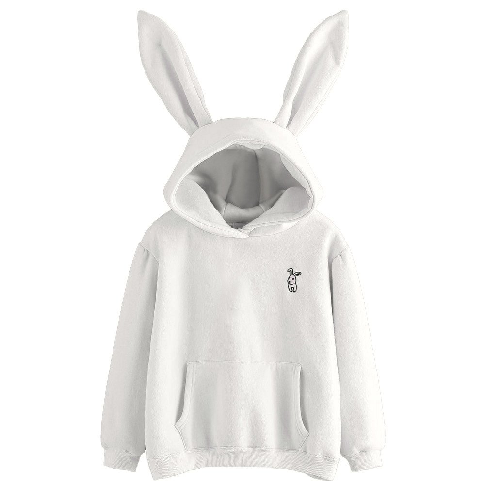 Sunhusing Ladies Cute Rabbit Ear Long Sleeve Hoodie Solid Color Embroidery Pullover Sweater