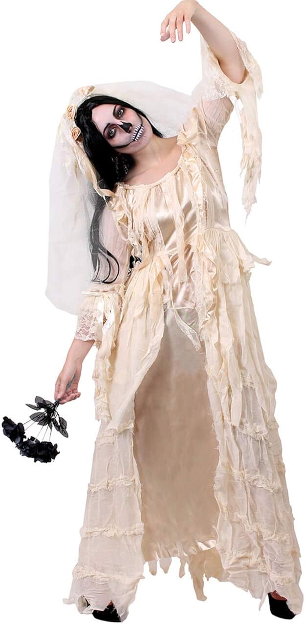 Ghost Bride Ladies Miss HAVISHAM Halloween Fancy Dress Costume Corpse Bride Deluxe White Ripped