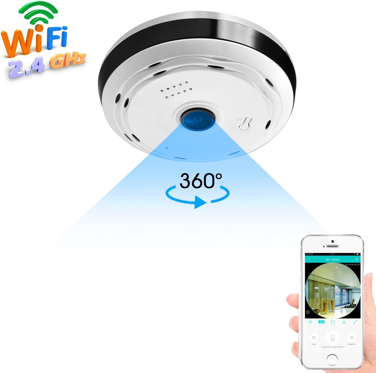 360 Degree Panoramic WiFi Camera, HD 960P Security Camera Baby Monitor Home Camera Pet Monitor Two Way Audio Hidden Camera Night Vision Motion Detection Remote Viewing iOS Android 2.4GHz
