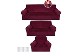 Peryiter 3 Pcs Slipcover Set for Couch Furniture Covers for Sofa Loveseat Couch Arm Chair, Form Fit Stretch, Wrinkle Free, Furniture Protector(Burgundy,Velvet)