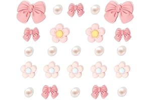 ARREBOLLI Resin Pink Bow Shoe Charms for Girls, 24Pcs Cute Flower Accessories for Clog Sandals, Pearl Decoration for Women, DIY Party Favor