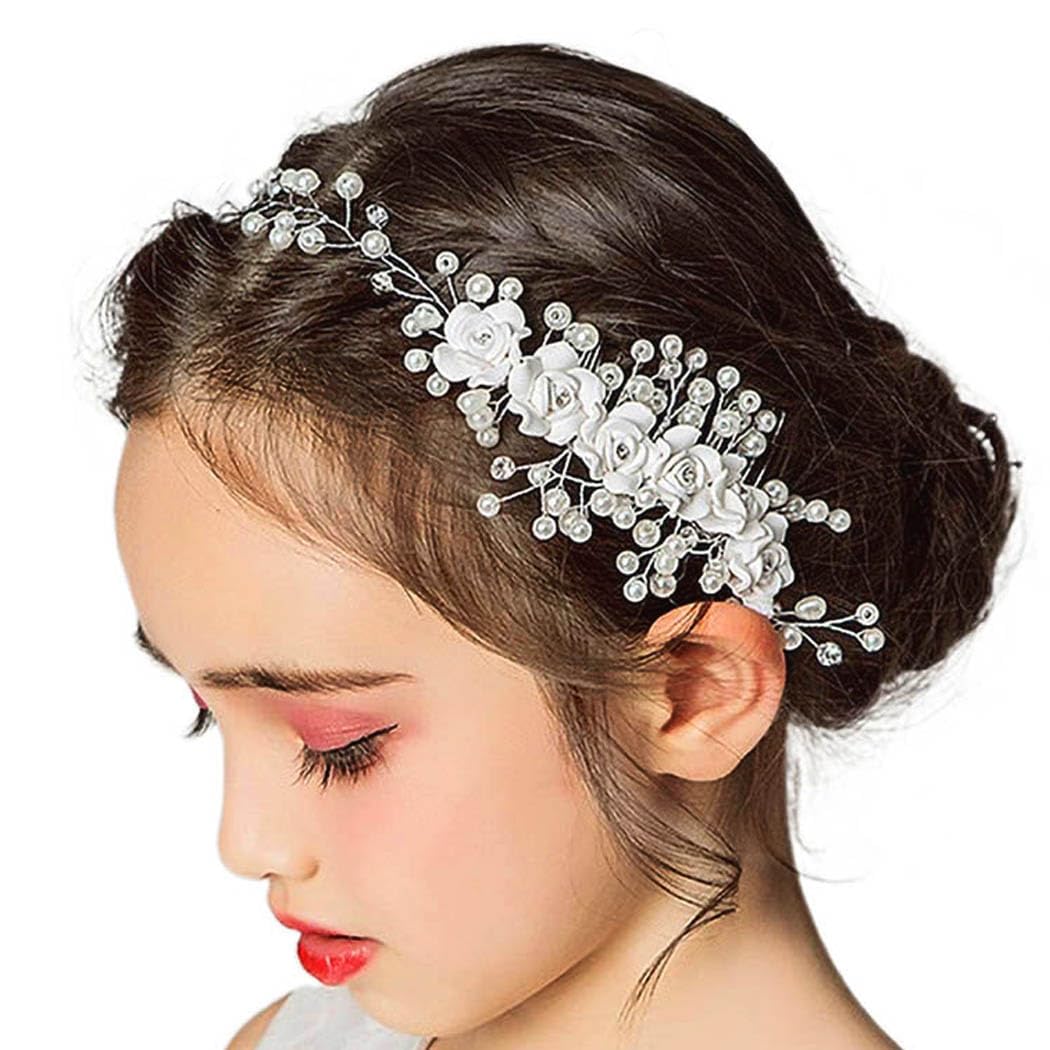IYOU Princess Crystal Headpiece White Flower Communion Headband Pearl Floral Bridal Hair Accessories for Flower Girls and Bridesmaid