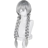 FILMIA Silver Gray Long Braided Wig for Women – Natural Heat Resistant Synthetic Double Braids Cosplay Costume Hair for Halloween Party Anime Dress Up