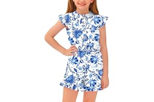 BesserBay Girl's Summer Ruffled Flutter-Sleeve Jumpsuit Button Down Crewneck Romper 5-14 Years