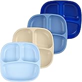 Re-Play Toddler Plates with Dividers - Deep-Walled 3 Compartments Divided Plates for Kids - Dishwasher & Microwave Safe - Made in USA - Set of 4-7.37" x 7.37" x 1.25" - Cool Blue