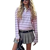 Women Striped Rugby Shirts Vintage Oversized Long Sleeve Collared Polo Shirt Y2k Button Up Pullover Sweatshirt Top