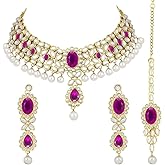 Aheli Indian Wedding Wear Beaded Faux Kundan Pearl Necklace Set with Maang Tikka Ethnic Bharatanatyam jewellery set Gift for Women