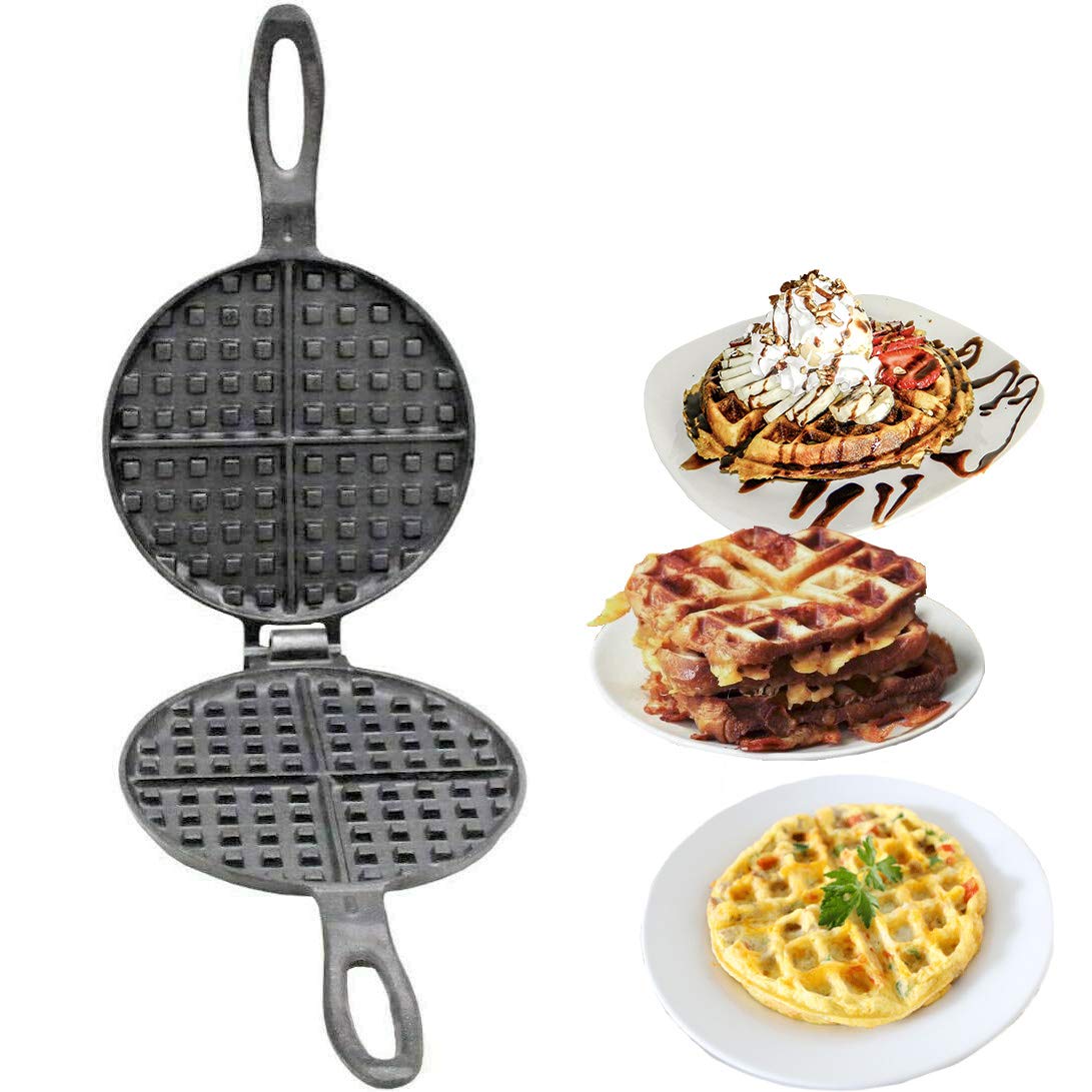 Vintage Gourmet ® Authentic Pre-Seasoned Cast Iron Round Waffle Maker -17cm Dia Traditional 2 part - Oven Safe breakfast gadget is like a panini press, mini grill, and toaster oven all rolled into one