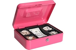 Cash Box with Money Tray and Lock, Lovndi Metal Money Box for Cash, Lockbox 9.84 x 7.87 x 3.54 Inches, Pink