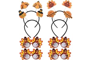 DINESIL 8 Pieces Thanksgiving Turkey Headbands and Turkey Sunglasses, Thanksgiving Turkey Eyeglasses Pumpkin Head Boppers for Thanksgiving Fall Autumn Costume Props Decoration Party Favor Accessories