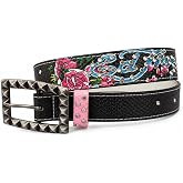 ED HARDY Women's Flower & Skull Print Studded Embellished Narrow Metal Buckle Adjustable Ladies Fashion Belt