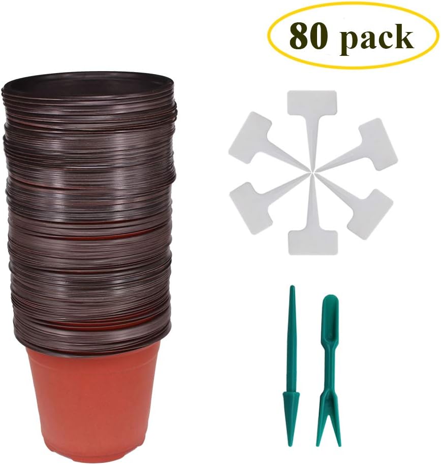Huvai 80 Pcs 6" Plastic Seedlings Plants Nursery Pots with 80 Pcs Waterproof Plastic T-Type Plant Tags and 2Pcs/Set Transplanting Digging Mini Tools: Garden & Outdoor